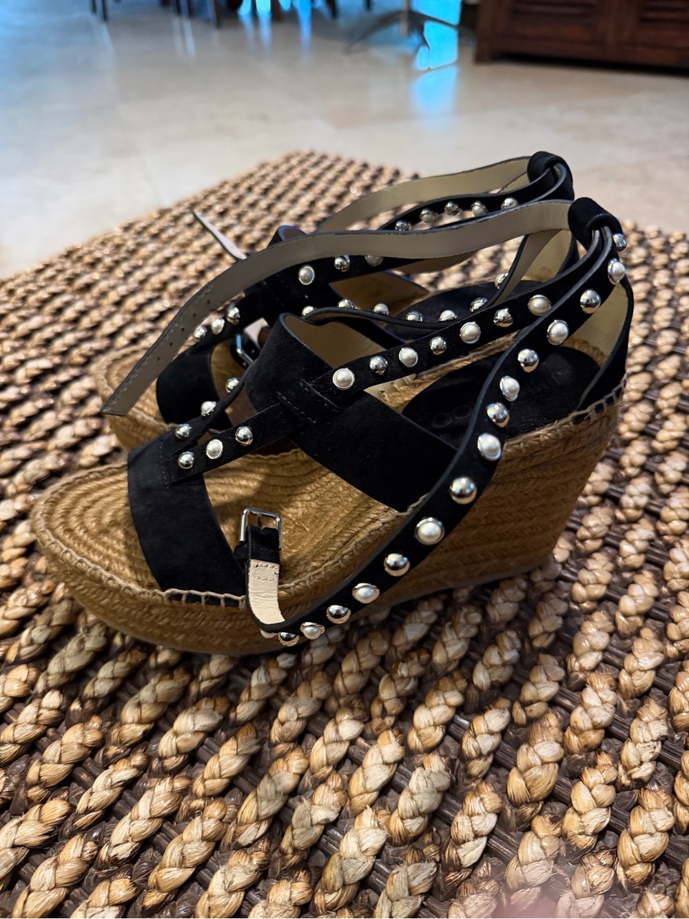 JIMMY CHOO Danica Black 110 Studded Leather Espadrille Wedge Sandals - Picture 4 of 8